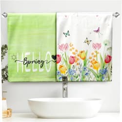 Cneztholim Hello Spring Flowers Kitchen Towels Tulip Floral Bathroom Hand Towel Green Summer Tulip Butterfly Dish Towels Soft Absorbent Bathroom Towels for Farmhouse Home Kitchen Decor