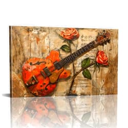 PLIDAAYO Guitar Rose Wall Art Vintage Musical Instrument Canvas Print Picture Guitar with Flower Poster Music Note Painting for Music Studio Living Room Bedroom Office Home Decor(Gri-03,12
