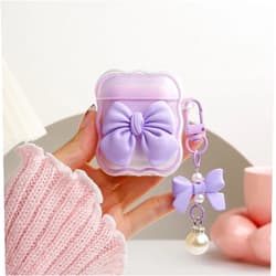 QLD COVER Compatible with Apple AirPods 2nd 1st Generation Case Cover, Cute 3D Bow Tie Design Shockproof Soft Clear TPU Kawaii Airpods 1/2 Protector with Keychain for Women Girls, Purple 2