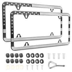 RED WOLF American USA Flag License Plate Frame Stainless Steel Holder Front Rear Auto Tag US Stars & Stripes Slim Edge for Patriotic, 4 Holes Mount W/Screw Accessories Caps 2 PCS