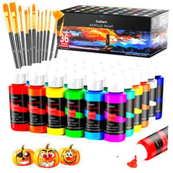 Caliart Acrylic Paint Set With 12 Brushes, 36 Colors (59ml, 2oz) Art Craft Paints Gifts for Artists Kids Beginners & Painters, Halloween Pumpkin Canvas Ceramic Rock Painting Kit Art Supplies