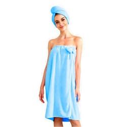 LiTrend Womens Wrap Towel Spa Wraps with Hair Towel, Women Bath Towel Tube Dress Set, Super Soft Lightweight Fast Drying Bath Wrap Robe with Closure Shower Robes(Light Blue)