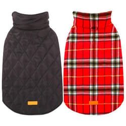 Kuoser Reversible British Style Plaid Dog Winter Coat - Waterproof Warm Vest for Small, Medium and Large Dogs in Bright Red XS
