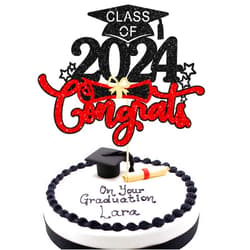 Ephlyn 1Pc Congrats Grad 2024 Cake Topper Red Glitter Diploma Graduation Cap Cake Pick Congrats Class of 2024 Cake Decorations for 2024 Graduation Theme High School Boys Girls Graduate Party Supplies