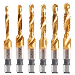 AIMLENTOOL 6PCS Combination Drill and Tap Bit Set, 3-in-1 Titanium Coated HSS Screw Tapping Bit for Drilling, Tapping and Deburring, SAE Size 6-32NC to 1/4-20NC, 1/4