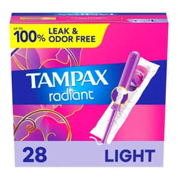 Tampax Radiant Tampons Light Absorbency with BPA-Free Plastic Applicator and LeakGuard Braid, Unscented, 28 Count x 3 Packs (84 Count Total)