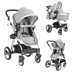 BABY JOY Baby Stroller, 2-in-1 Convertible Bassinet Reclining Stroller, Foldable Pram Carriage with 5-Point Harness, Including Cup Holder, Foot Cover, Diaper Bag, Aluminum Structure, Gray