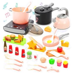 CUTE STONE Play Kitchen Accessories Set, Kids Cooking Toys Set with Play Pots and Pans, Electronic Induction Cooktop with Sound and Light, Cookware Utensils Kids Kitchen Set Kitchen Toys for Kids
