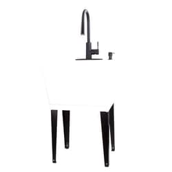 VETTA White Utility Sink Laundry Tub With High Arc Black Kitchen Faucet By VETTA - Pull Down Sprayer Spout, Heavy Duty Slop Sinks For Washing Room, Basement, Garage, or Shop, Free Standing Tubs
