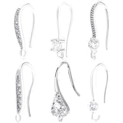 Beebeecraft 1 Box 24Pcs 6 Styles Cubic Zirconia Earring Hooks Sterling Silver Plated Brass French Ear Hooks with Loop for Jewelry Making DIY Earring Crafts