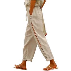 Puimentiua Women's Linen Capri Pants with Drawstring Petite Summer Beachwear Lightweight Elastic Waist Pants