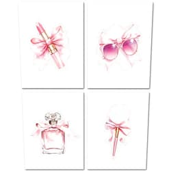 JINYO Coquette Pink Bow Lipstick Makeup Brush Sunglasses Perfume Wall Art Prints Set of 4, Preppy Girly Pink Wall Decor Posters Pictures for Girls Room Bathroom Apartment, 12x16 Unframed