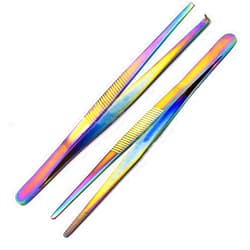 GS Online Lot of 2 Pcs Stainless Steel Tweezers, Thumb Tissue Forceps, 1x2 & Thumb Dressing Forceps, Serrated Multi Titanium Color Rainbow by G.S Online Store