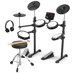 AiJoy Electronic Drum Set for Beginners with 4 Quiet Mesh Pads, 2 Cymbals w/Choke, 200+ Sounds, USB MIDI, Includes Throne, Sticks & Headphones, Perfect Kit for Kids & Gifts