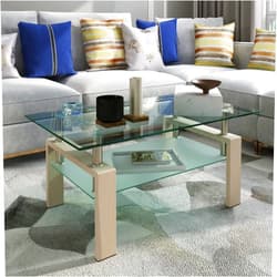 POULEII Rectangle Oak Glass Coffee Table,Clear Coffee Table,Modern Side Center Tables for Living Room.
