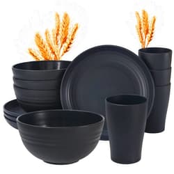 Wwyybfk 12pcs Wheat Straw Dinnerware Sets, Wheat Straw Plates and Bowls Set for 4 Microwave Safe (Black)