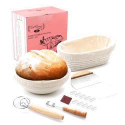 Saint Germain Bakery Premium Round Bread Banneton Basket with Liner - Perfect Brotform Proofing Basket for Making Beautiful Bread - Ultimate Bread Bundle (9 in. Round/10 in. Oval)
