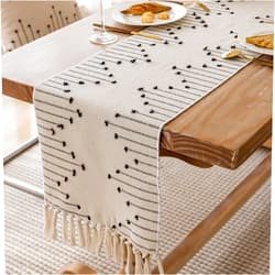 Joyfol Day Boho Table Runner, Farmhouse Stripe Cotton Table Runners with Tassels for Home Dining Table Decor, Rustic Natural Woven Dresser Scarf (Beige&Black,13 x 36 Inch)