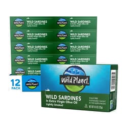 Wild Planet Wild Sardines in Extra Virgin Olive Oil, Lightly Smoked, Tinned Fish, Sustainably Wild-Caught, Non-GMO, Kosher, Gluten Free, 4.4. Ounce (Pack of 12)