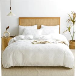JELLYMONI White Duvet Cover Queen Size - 3 Pieces White Boho Grid Textured Bedding Cover Soft Lightweight Comforter Cover with Zipper Closure & 8 Corner Ties (Nature White,Queen)