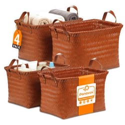 Panovox Hand Woven Baskets for Storage, 4Pcs Water-Resistant Wicker Baskets, Brown Wicker Storage Baskets for Shelves, Large Basket with Handle for Organizing, Clothes, Laundry, Blanket - Rectangular