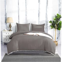Homebed Pom Pom Duvet Cover Set, Gray, Decorative White Ball Fringe Trim, 3 Piece Bedding Set