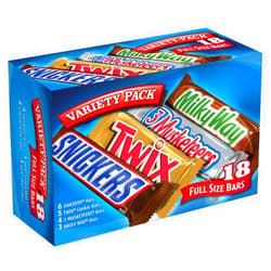 Mars SNICKERS, TWIX, 3 MUSKETEERS & MILKY WAY Full Size Christmas Candy Chocolate Bar Variety Box, 18 Count