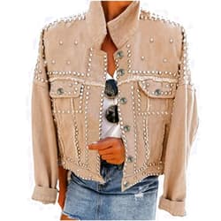 Omoone Women's Long Sleeve Rivet Studded Denim Jacket Casual Washed Short Jean Coat Western Outfits