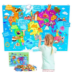 Taika World Felt Set, Felt World Map with World Famous Sights, Educational Play Mat Flannel Board Set, 43x28 inch Preschool Learning Flannel Board for 4+