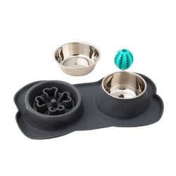 Canine Karma - Pet Goodness Slow Feeder Dog Bowls to Slow Down Eating, Dog Bowl Slow Feeder with No-Spill Non-Skid Silicone Mat, Stainless Steel Dog Water Bowl for Dogs Canine Karma - Pet Goodness