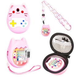 Meetikar Carrying Case and Silicone Cover Compatible with Tamagotchi Pix Virtual Pet Game Machine, (5-in-1) Silicone Cover for Tamagotchi Pix, with Finger Lanyard and Screen Protector (Pink)
