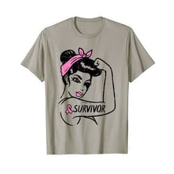 Women Breast Cancer Survivor Rosie Riveter Pink Awareness T-Shirt