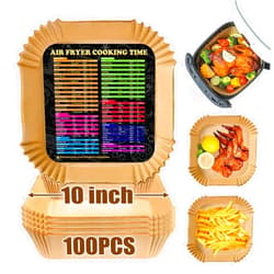 ZOWVAAM Air Fryer Disposable Paper Liner Square, 10 Inch Large Air Fryer Paper Liner 100PCS, Non-stick Parchment Paper Pads Oil Resistant, Waterproof, Food Grade Baking Paper for Roasting Microwave