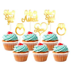 Gyufise 24 Pack Light Gold Glitter He Asked She Said Yes Cupcake Toppers Diamond Ring Heart Love Cake Picks for Wedding Engagement Party Cake Decorations