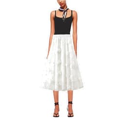 KABAZLE Floral midi Flowy Tulle Skirt for Women,Elastic high Waisted Embroidered lace mesh Fairy a line Fluffy Circle Skirt