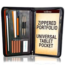 Wundermax Portfolio Binders for Women & Men - 10 Inch Leather Padfolio Business Planner & Notebook Organizer w/Zipper - Holder for Tablets, Notepads, Resumes, Documents - Black