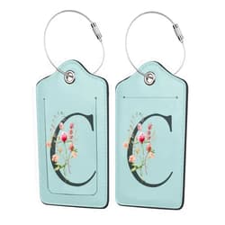 ANNCED 2 Pack Blue Luggage Tag for Suitcase, Black Letter C Boho Flowers Leaves Floral Pu Leather Suitcase Tag with Loop Loop & Privacy Cover Name Id Label for Bags Backpacks Women Men Baggage Identifiers