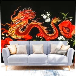 KWNFYVZJCSX Wallpaper Peel and Stick Embroidery Colorful Floral with Chinese Japanese Dragon Traditional Large Wall Mural Removable Sticker Vinyl Film Covering Self Adhesive Decoration for Living Room