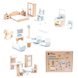 ROBUD Wooden Dollhouse Furniture Set, 23 Pcs Dollhouse Accessories, Miniature Furniture Including 5 Room Kits, Dollhouse Furniture Pretend Play Toys for Boys, Girls & Toddlers, 3+