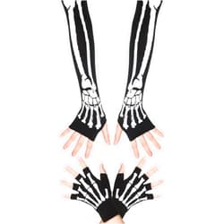 Zhanmai 2 Pairs Halloween Skeleton Gloves Elastic Knitted Fingerless Hand Warmer Unisex Warm Half Finger Gloves for Men and Women