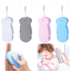 AZLNRMU 4Pack Ultra Soft Bath Body Shower Sponge, Resuable Exfoliator Dead Skin Remover, Super Soft Exfoliating Bath Sponge with 4 Sticky Hooks for Both Children and Adult( Blue, Pink,Grey White)