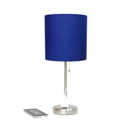 Simple Designs LT1144-NAV Sleek and Slender Brushed Steel Table Lamp with Charging Outlet, for Bedroom, Living Room, Entryway, Office, Dining Room, Study, Navy Blue Shade