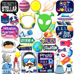 Outside The Booth Space Photo Booth Props - 41-pc Photobooth Kit with 8 x 10-Inch Sign, 60 Adhesive Pads, 45 Sticks - Space Party Decor - Space Props - Out of This World Party Decorations