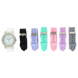 Accutime XOXO Women's Analog Watch with Silver-Tone Case, Crystal-Inset Bezel, 7 Interchangeable Bands Included - Official XOXO Woman's Silver-Tone Watch, Silicone Buckle Straps - Model: XO9069