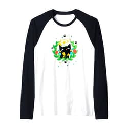 Visit The Feline Serenity Apparel CUTE BLACK ANGEL CAT HALO KITTEN SPRING GREEN WREATH Cute Raglan Baseball Tee