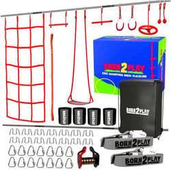 Born 2 Play Ninja Warrior Obstacle Course for Kids - Ninja Slackline Kit with Monkey Bars Outdoors, Rope Knots, Gym Rings, Leaf Swing, Pulley and More - Jungle Gym Outdoor Play Equipment for Backyard