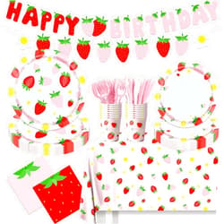GREHUMOR Strawberry Birthday Decorations Strawberry Party Plates and Napkins Berry First Birthday Party Supplies Includes Plates, Napkins, Cups, Cutlery, Banner, Tablecloth for Girls Birthday Decor