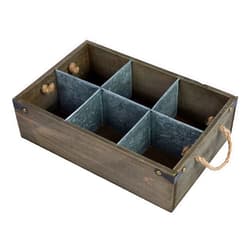 MyGift Rustic Solid Wood and Galvanized Multipurpose Organizer Caddy with 6 Metal Partition Divided Slots and Rope Handles, Vintage Style Wine Bottle Crate Storage Gift Box