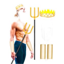 Croloose 4 Pieces Halloween King of the Sea Costume Accessories for Men Adult Sea Trident King Crown Beard and Wrist Cuffs for Halloween Golden Poseidon Mermaid Men Costume