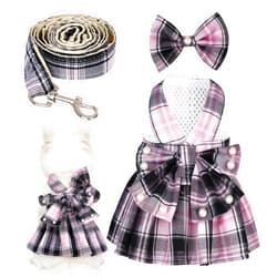 YKYUASD Dog Plaid Dress Harness and Leash Set with Pearls Bow Adjustable Puppy Dress Mesh Vest Bow Knot Pet Clothes for Cute Small Girl Dog Cat